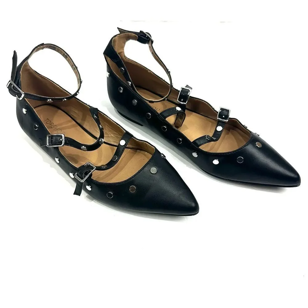 Topshop Women's Black Silver Studded Pointy Toe Strappy Flats Sz 5/38